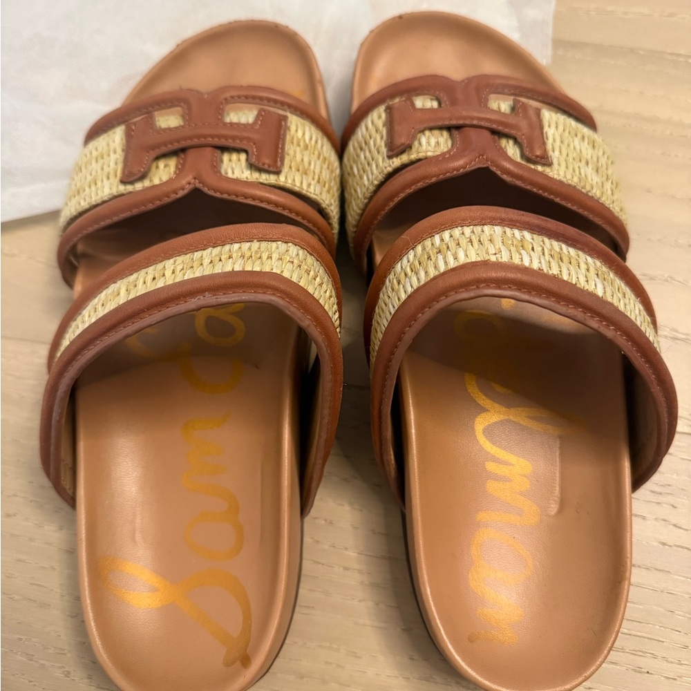 Sam Edelman Waylon Woven Raffia Double-E Logo Slide Sandals - Picture 2 of 3